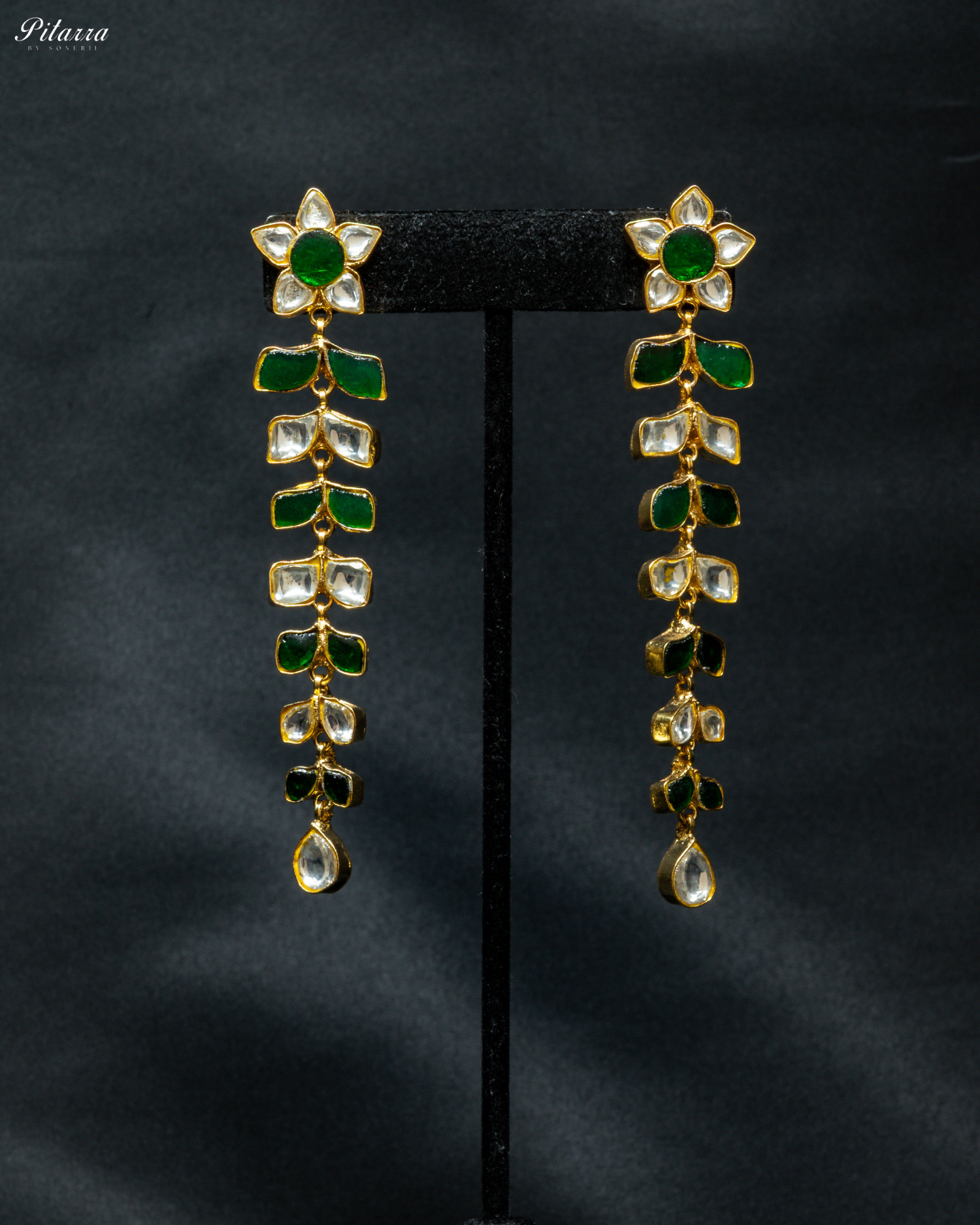 White Green Stone Kundan Long Earring Dangler_Front Image