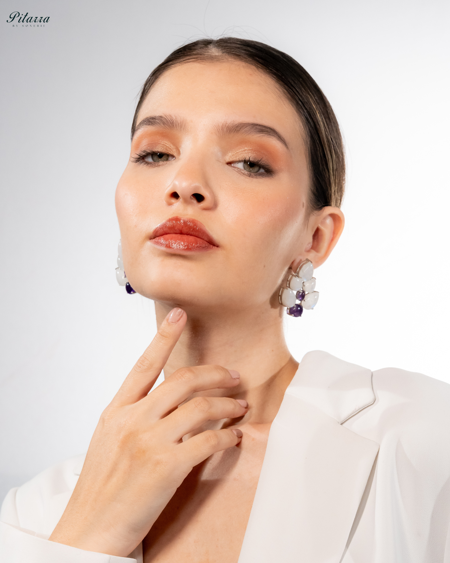 White Purple Ethnic Stud Earrings_Side Angle