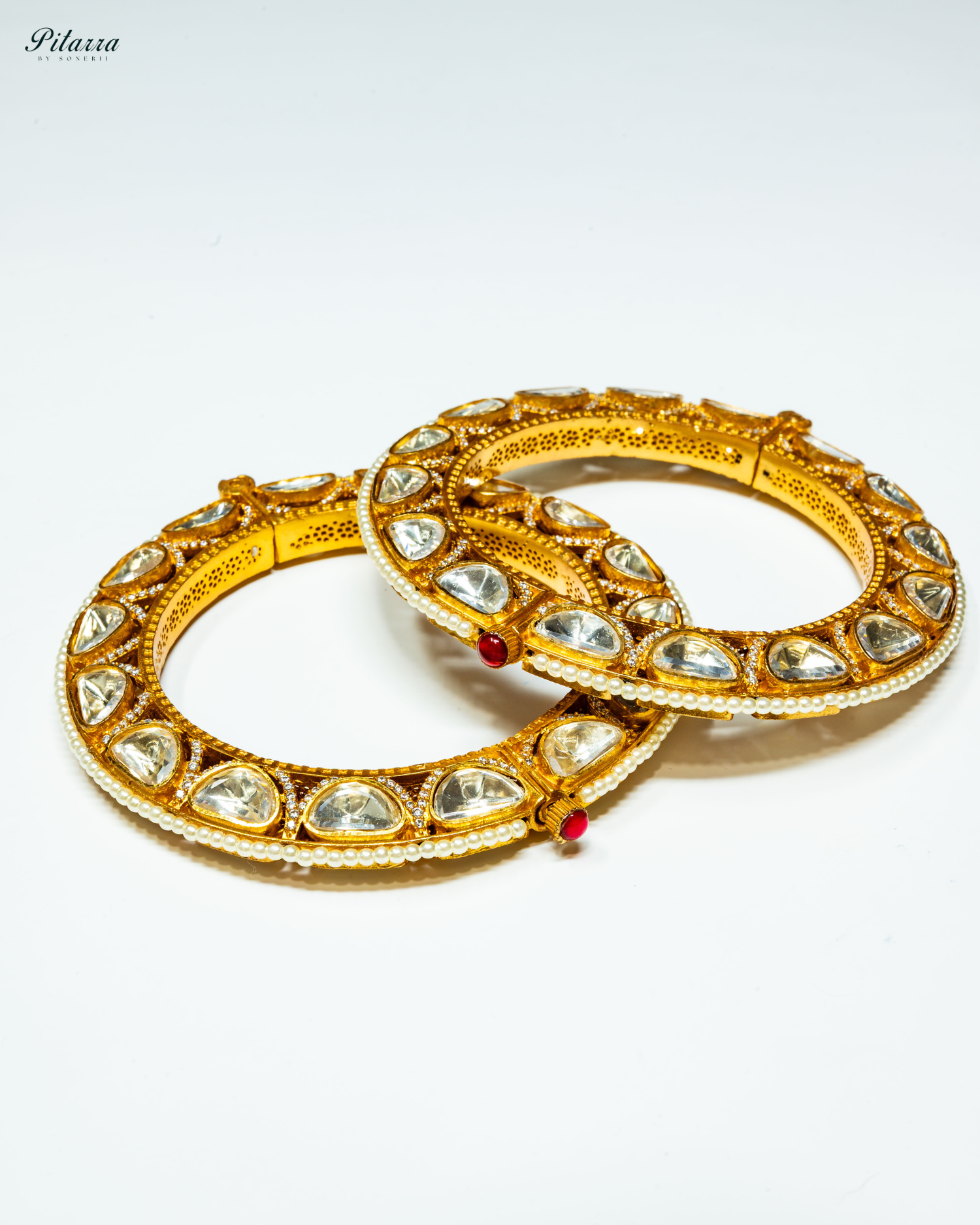 White Stone Golden Kundan Kada Set_Front Image