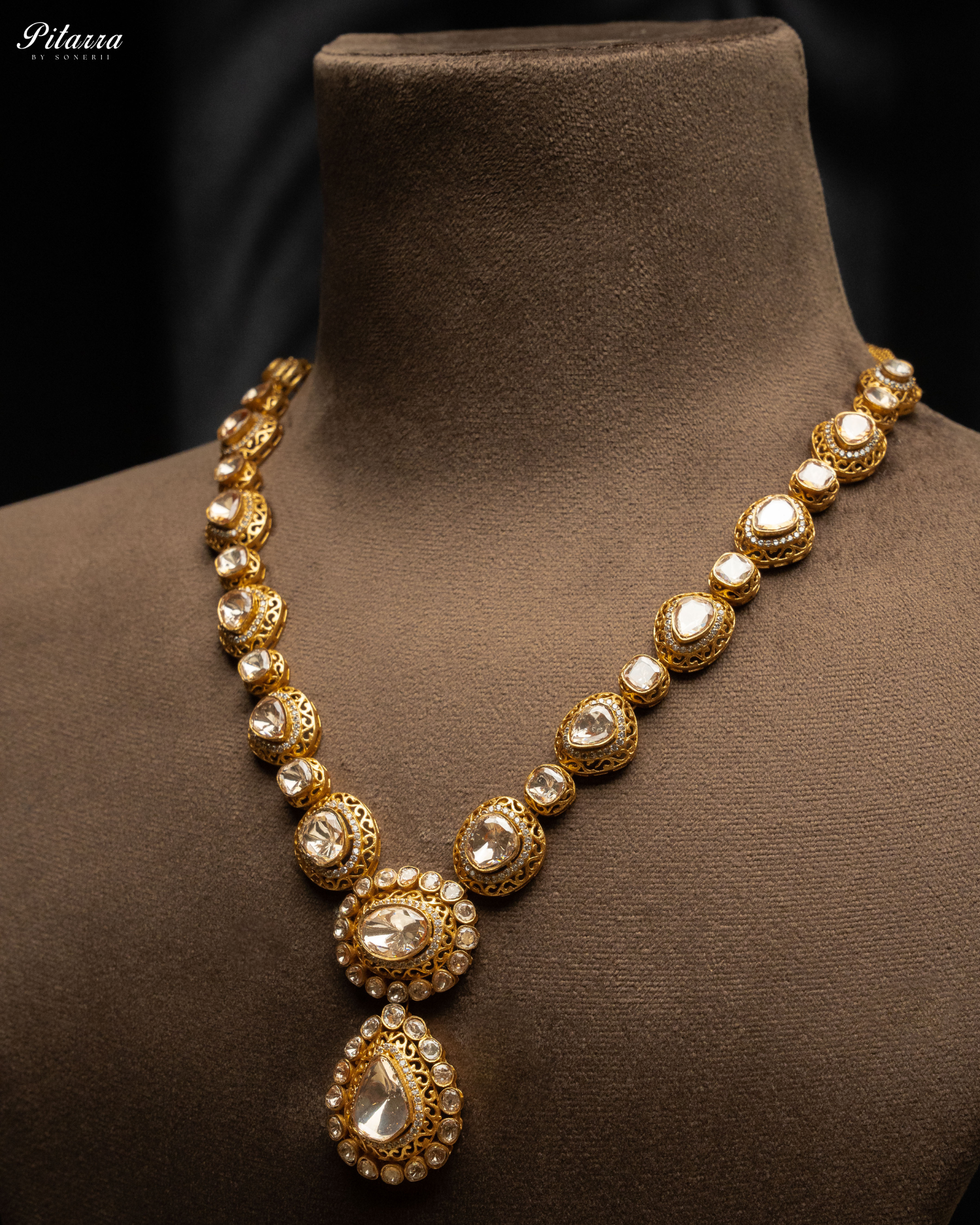 White Uncut Long Traditional Kundan  Necklace Set-Side Angle