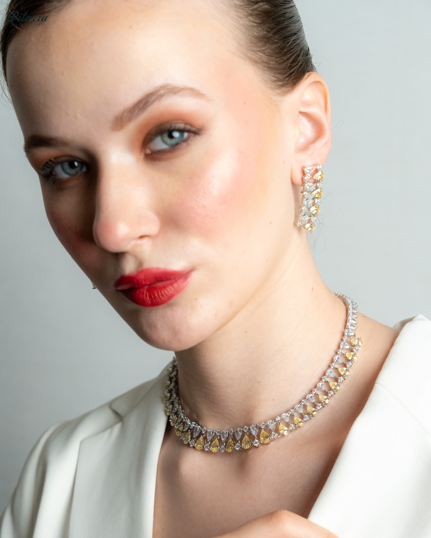 Yellow Drop CZ Necklace Set_Side Pose
