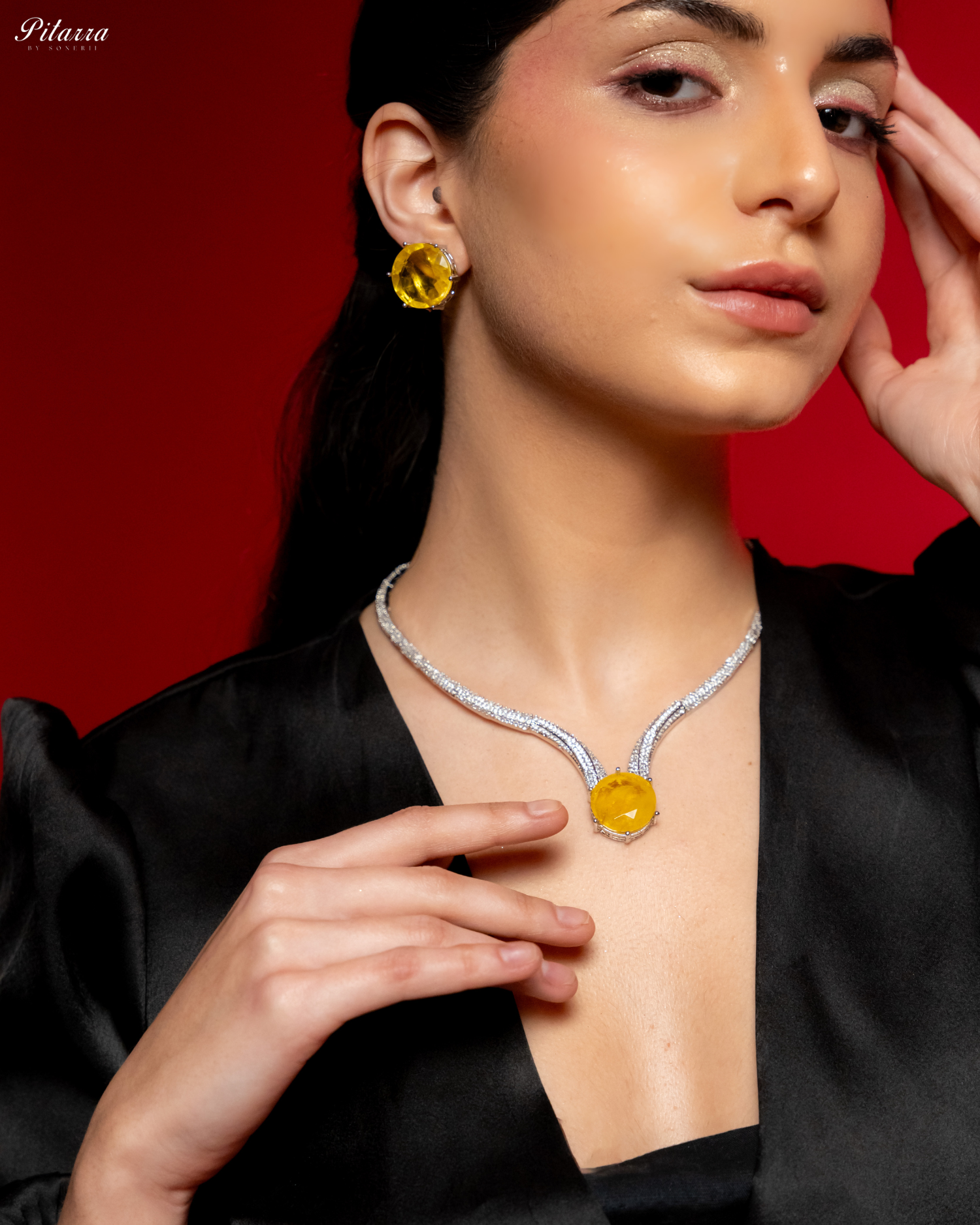 Yellow Drop Stone CZ Necklace Set_Right Image