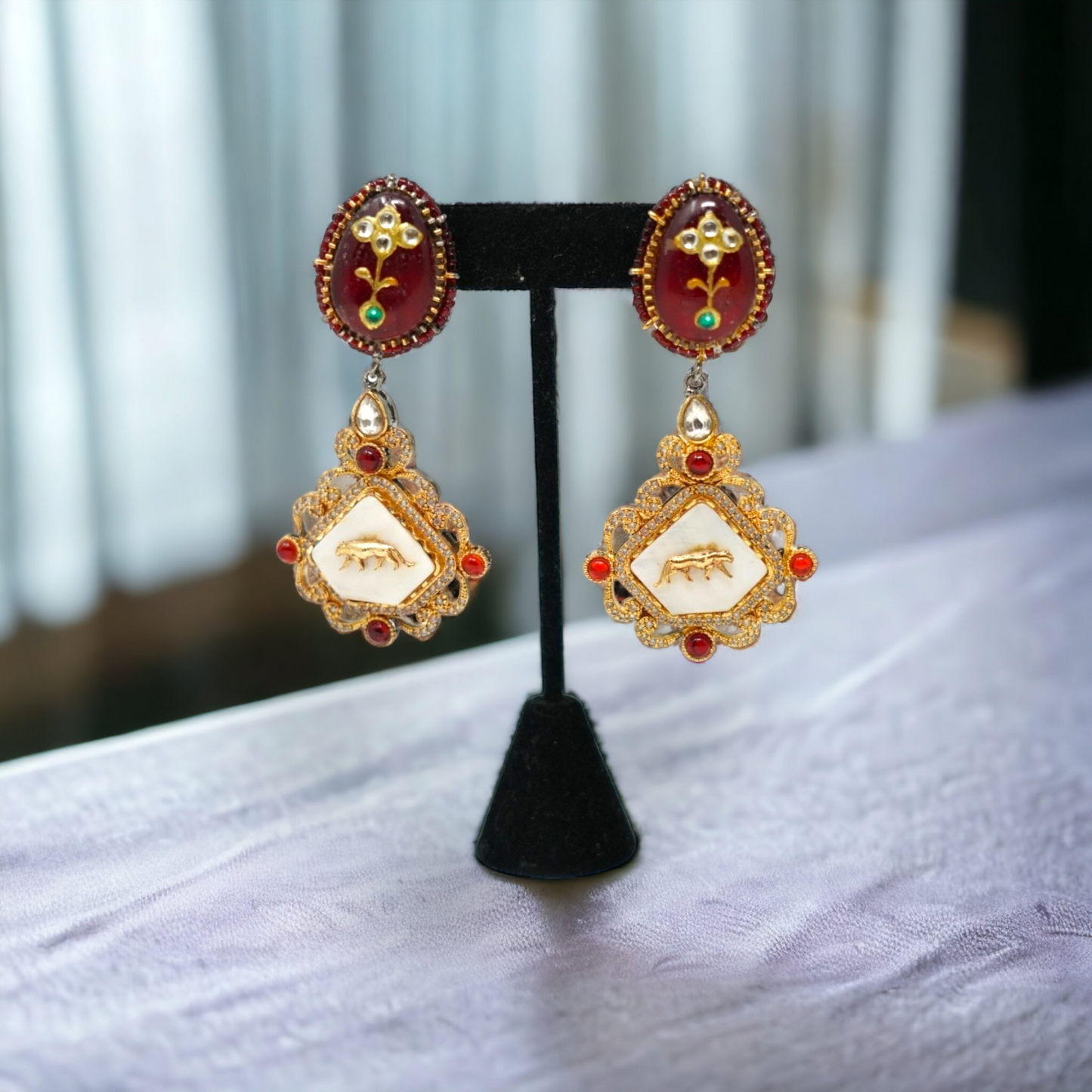 Gold Plated Maroon Stone Studded Earrings