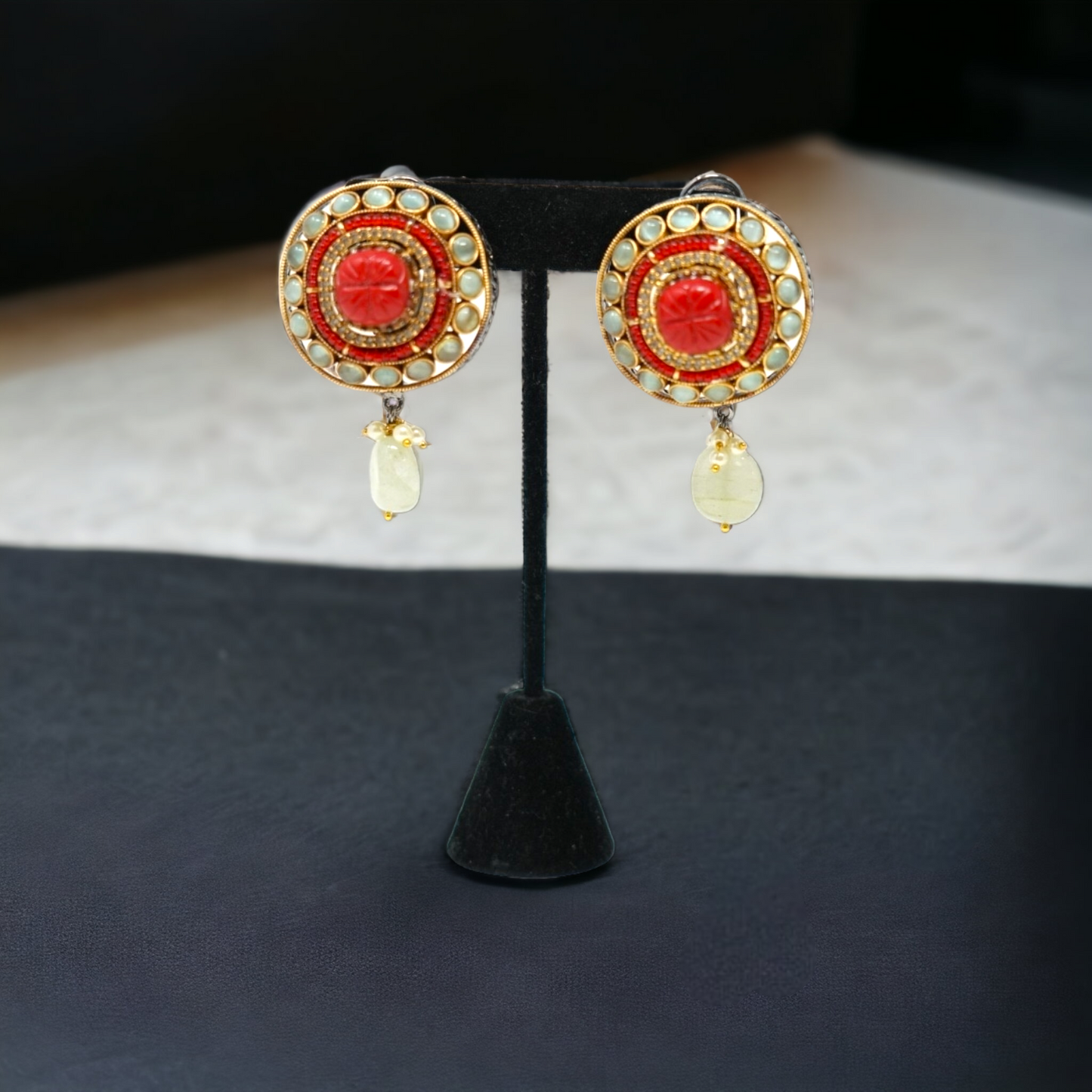 Gold Plated Green Stone Studded Earrings