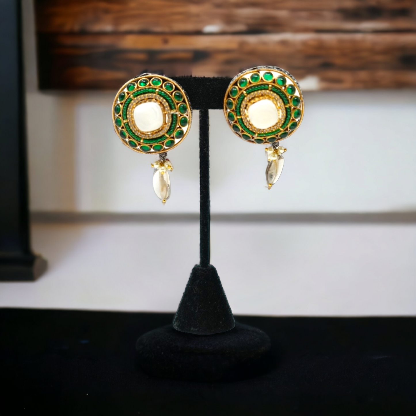 Gold Plated Green Stone Studded Earrings
