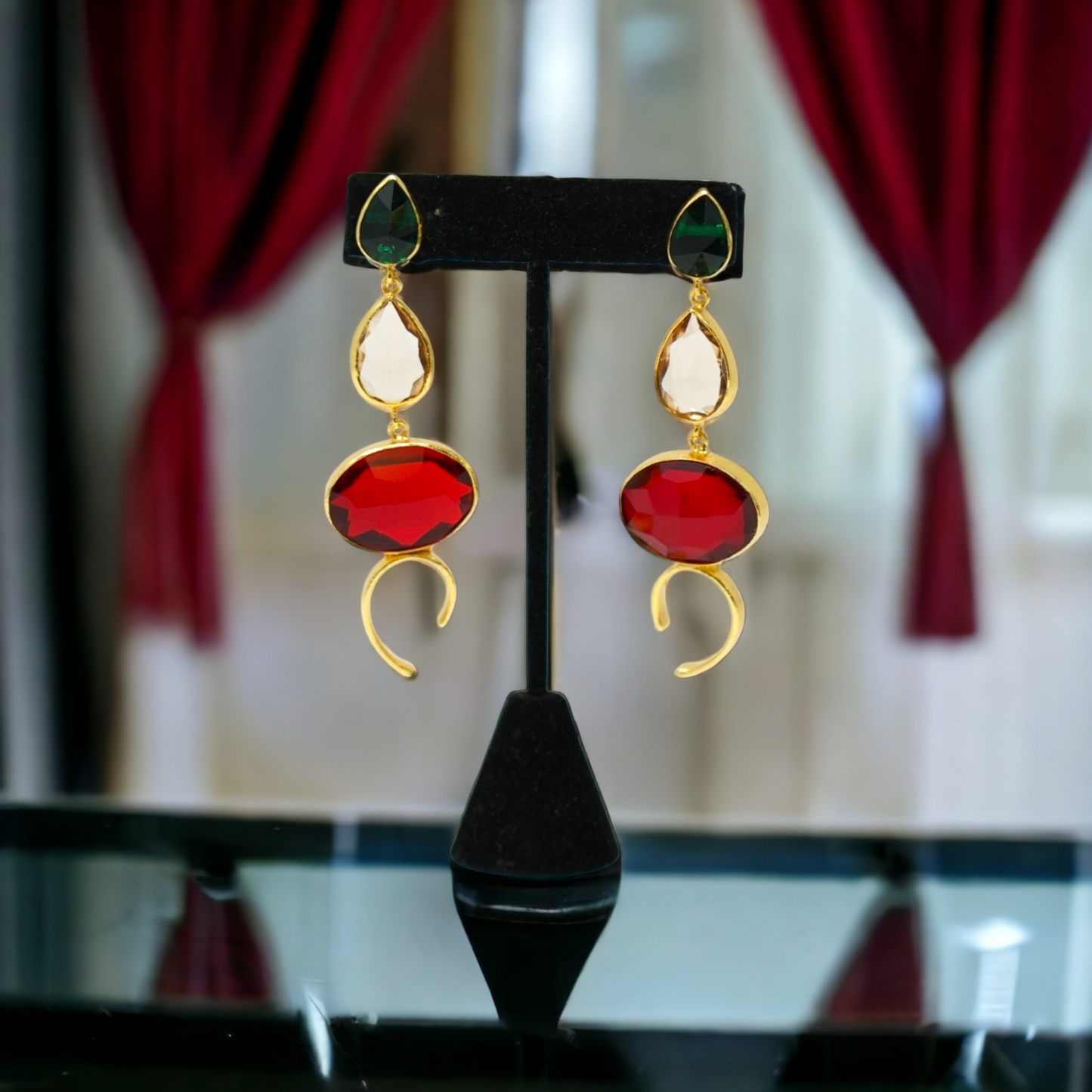 Golden Ruby Red & Green Crystal Earrings