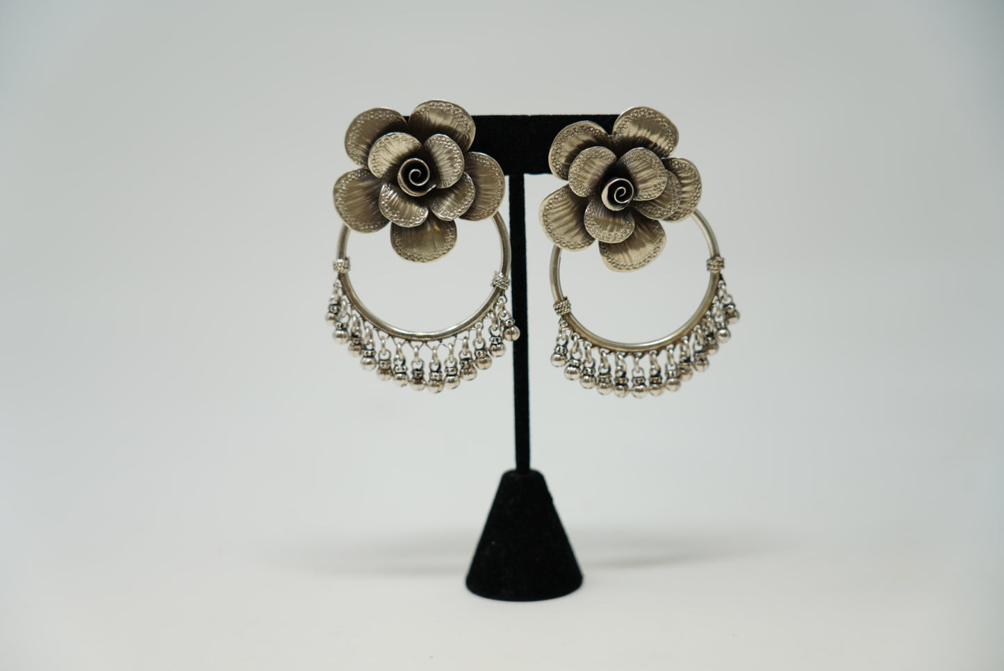 Round Shaped Silver Oxidised Flower Earrings