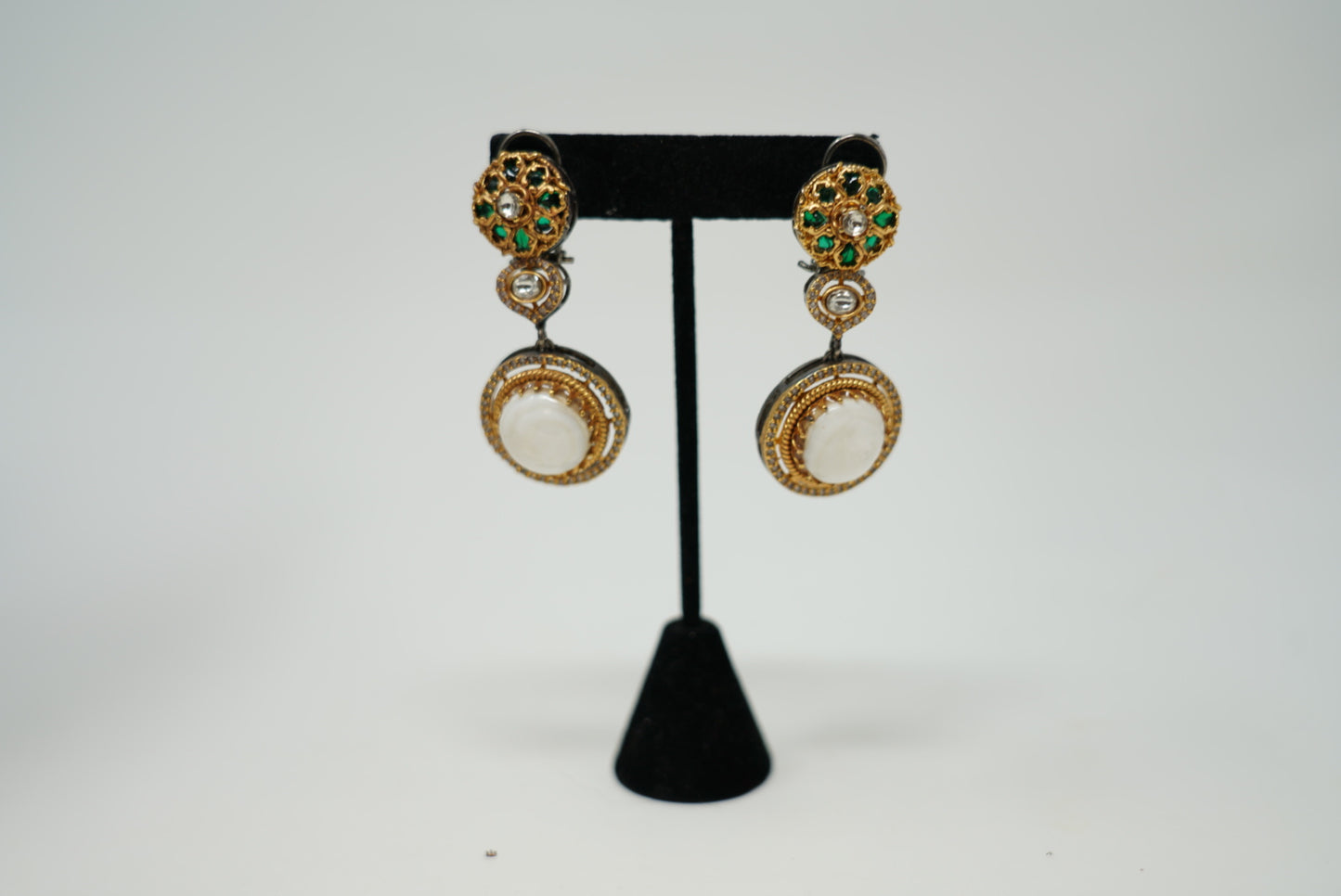 Gold Plated Green Stones Metal Earrings