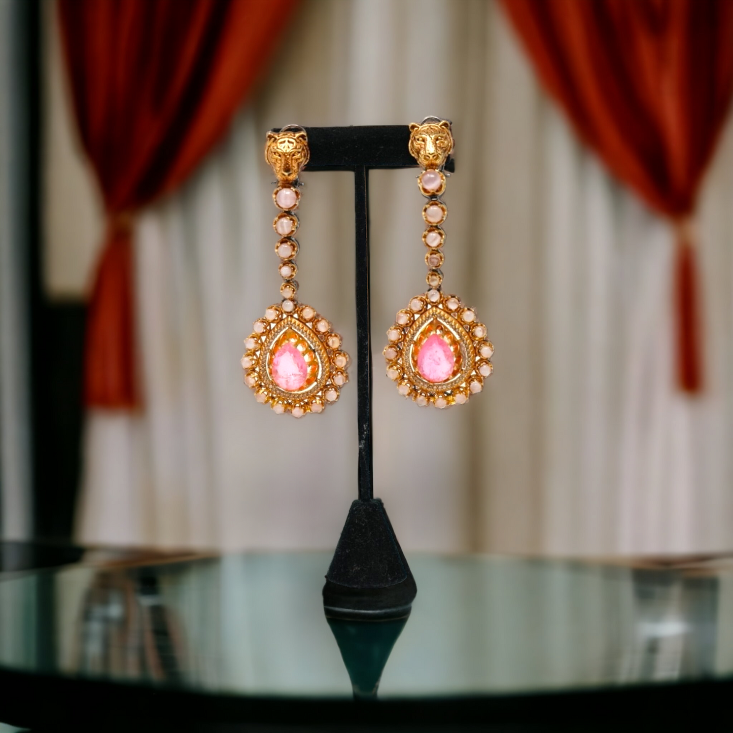 Gold Plated Long Pink Dangler Earrings