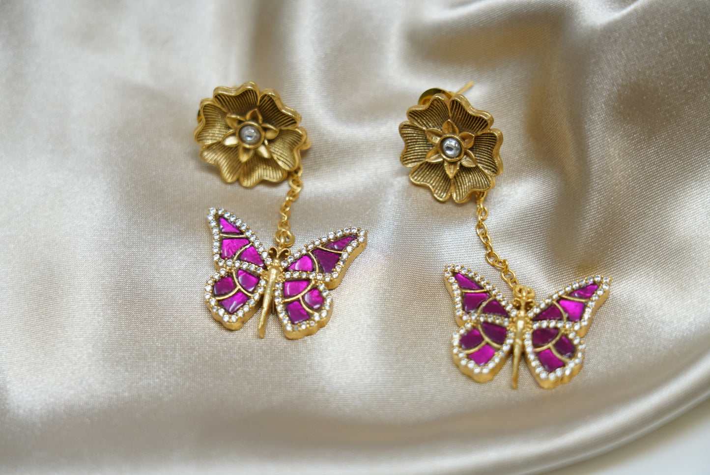 Flower Designed Butterfly Hanging Earrings
