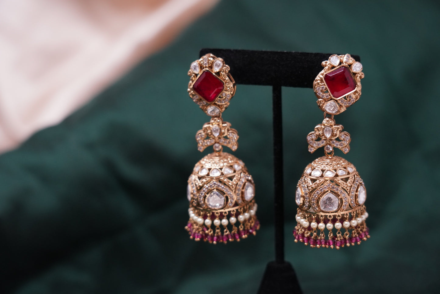Golden Red Zircon Jhumka Earrings