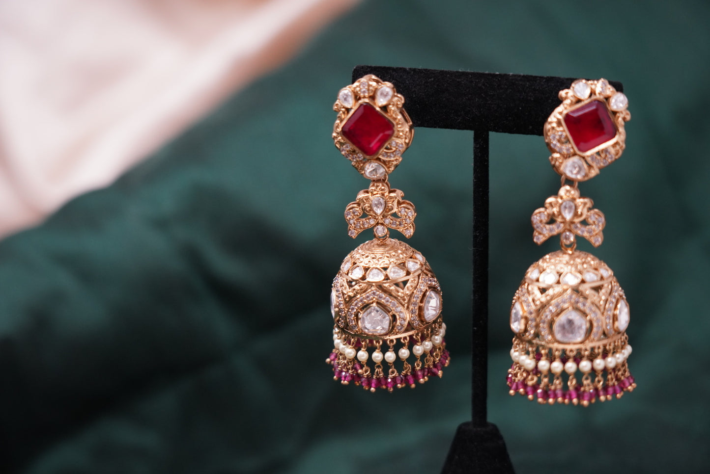 Golden Red Zircon Jhumka Earrings