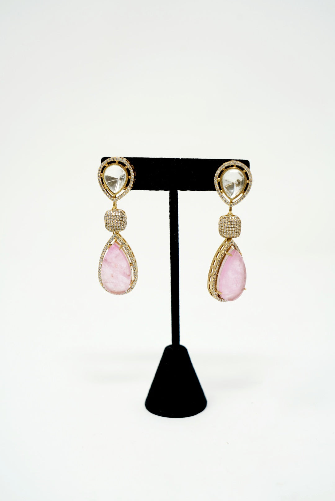 Premium Gold & Pink Toned Crystal Teardrop Shaped Earrings