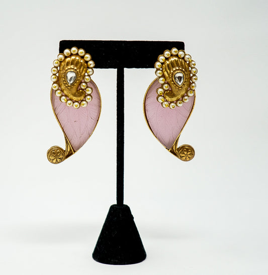 Gold Plated Pink Handcrafted Earrings With Pearls