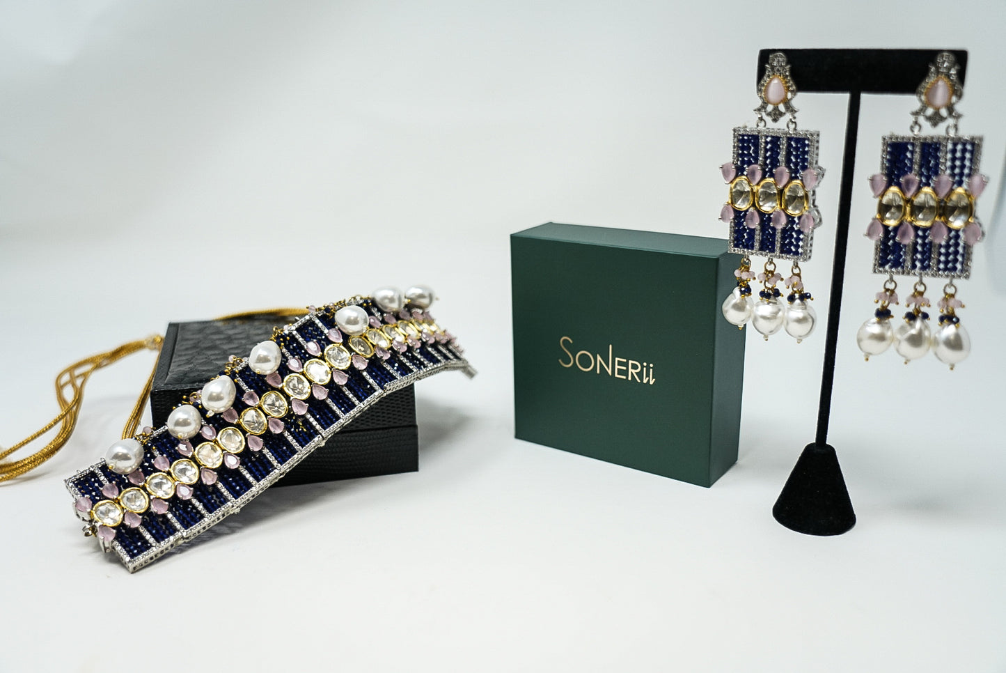 Royal Blue Crystal Beads Kundan Necklace Set