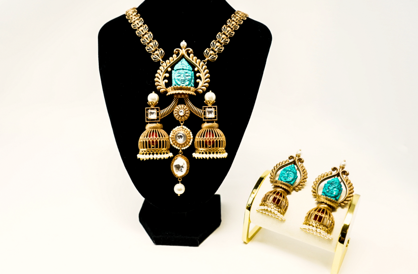 Gold Plated Turquoise Traditional Auspicious Necklace Set