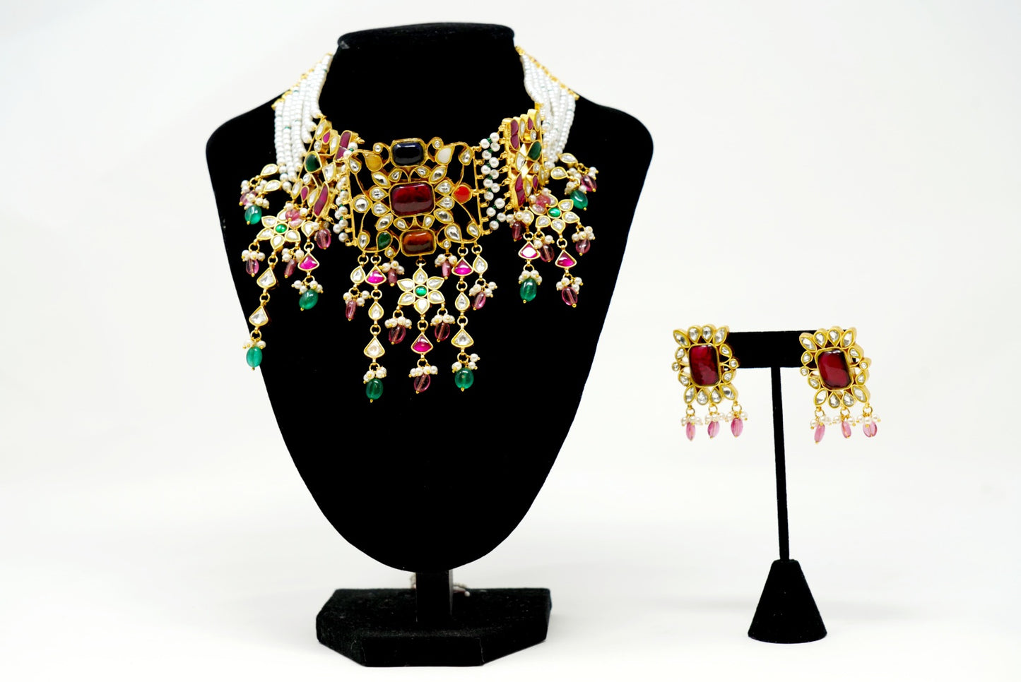 Multi Color and White Pearls Kundan Necklace Set