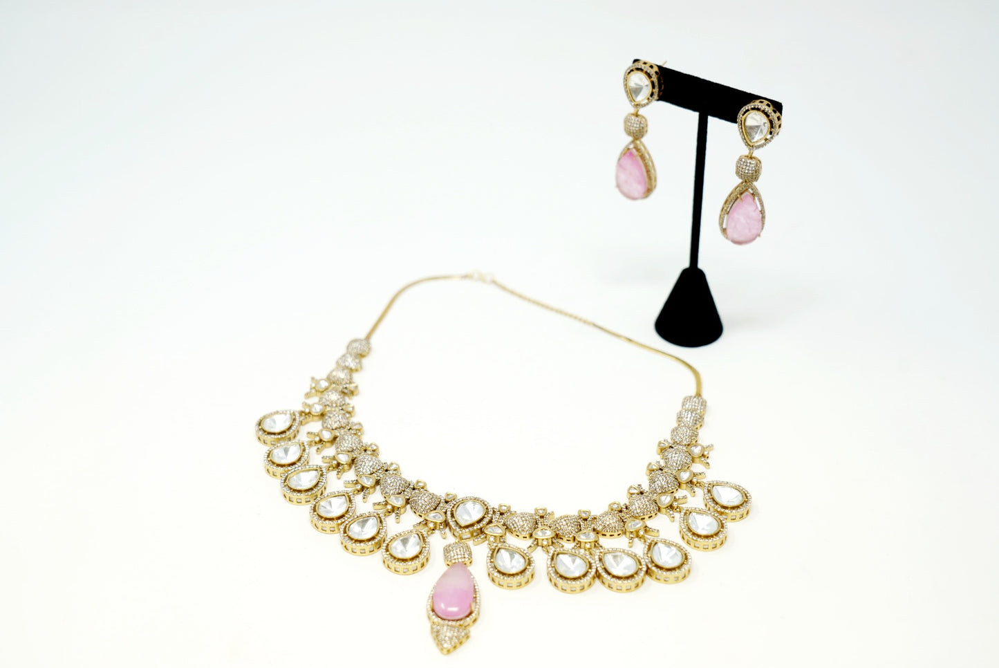 Gold Plated Pink White Stone Studded Necklace Set