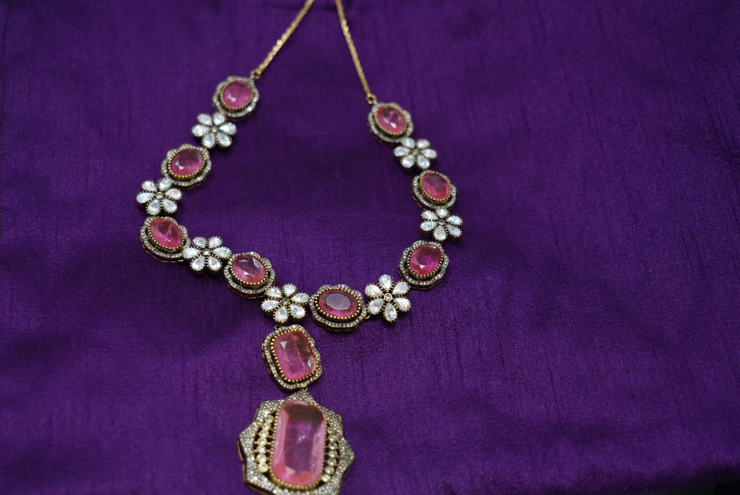 Pink Vintage Flower Designed AD Stone Necklace