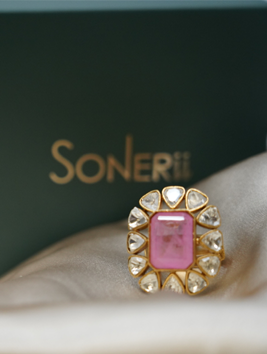 Gold Plated Pink Kundan Ring for Women