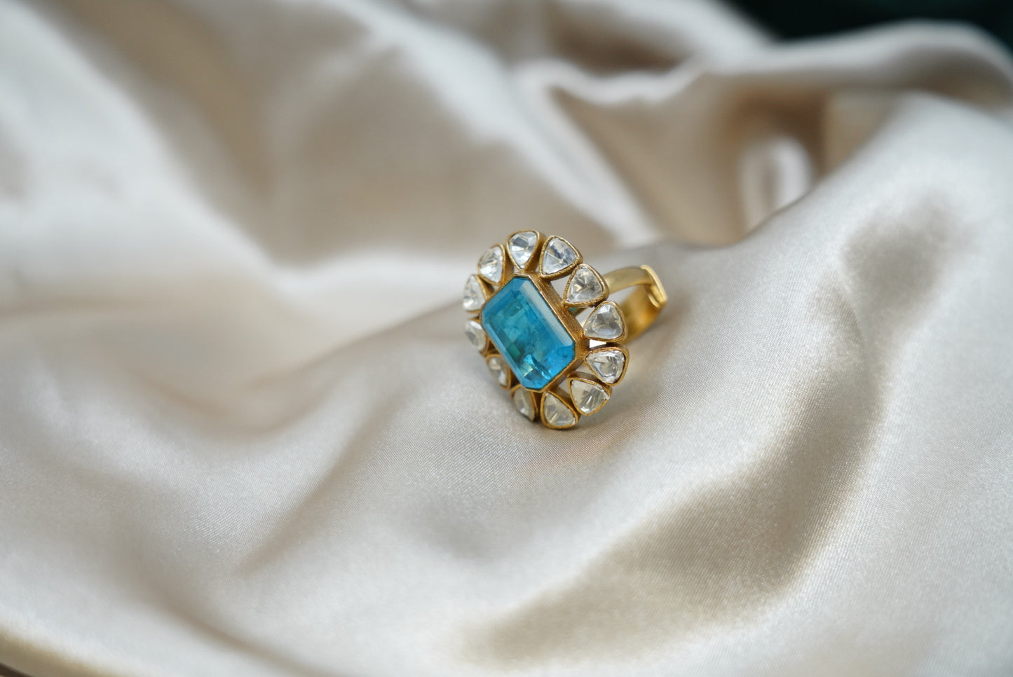 Sky Blue Kundan Stacking Gold Polished Ring