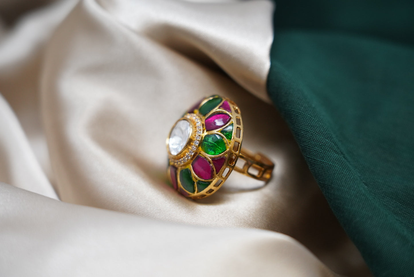 Gold Finish Kundan Polki & Multi-Colored Stones Ring