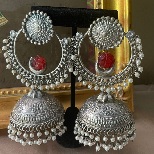 Vintage Round Jhumka With Red Stone
