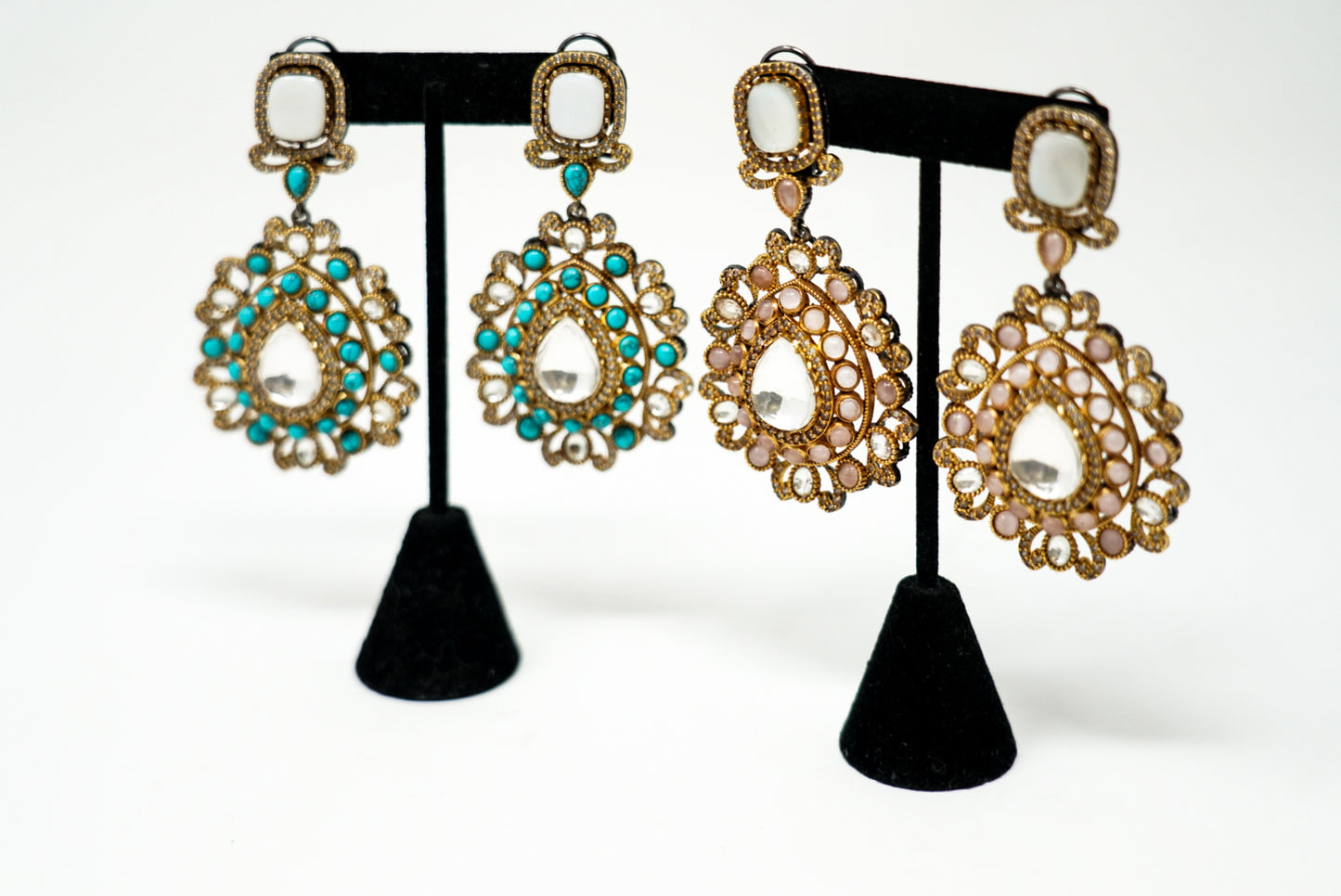 Gold Plated Turquoise & Peach Drop Shaped Earrings